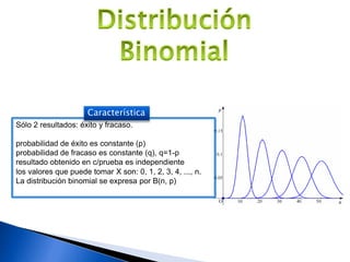 Sólo 2 resultados: éxito y fracaso.
probabilidad de éxito es constante (p)
probabilidad de fracaso es constante (q), q=1-p
resultado obtenido en c/prueba es independiente
los valores que puede tomar X son: 0, 1, 2, 3, 4, ..., n.
La distribución binomial se expresa por B(n, p)
Característica
 