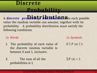 Discrete
Probability
Distributions
Larson & Farber, Elementary Statistics: Picturing the World, 3e 4
A discrete probability distribution lists each possible
value the random variable can assume, together with its
probability. A probability distribution must satisfy the
following conditions.
In Words
1. The probability of each value of
the discrete random variable is
between 0 and 1, inclusive.
In Symbols
0  P (x)  1
2. The sum of all the
probabilities is 1.
ΣP (x) = 1
 