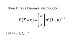 Then X has a binomial distribution:
For x=0,1,2,…,n
 