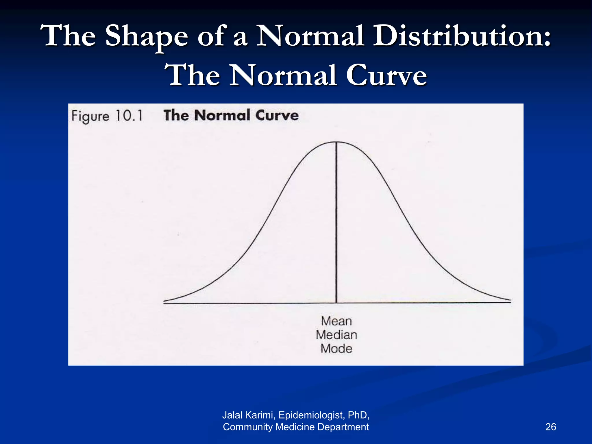 The Shape of a Normal Distribution:
The Normal Curve
Jalal Karimi, Epidemiologist, PhD,
Community Medicine Department 26
 