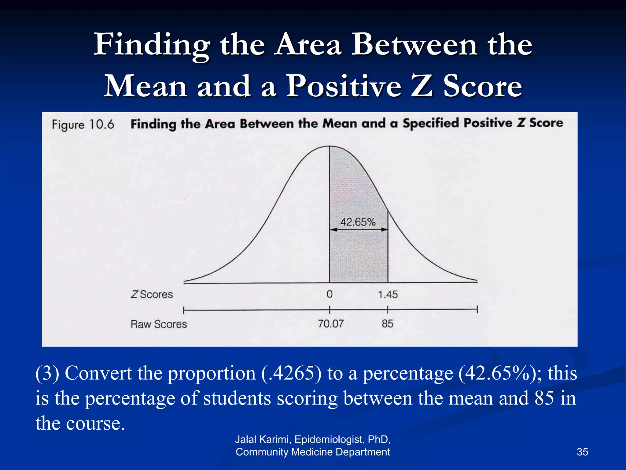 Finding the Area Between the
Mean and a Positive Z Score
(3) Convert the proportion (.4265) to a percentage (42.65%); this
is the percentage of students scoring between the mean and 85 in
the course.
Jalal Karimi, Epidemiologist, PhD,
Community Medicine Department 35
 