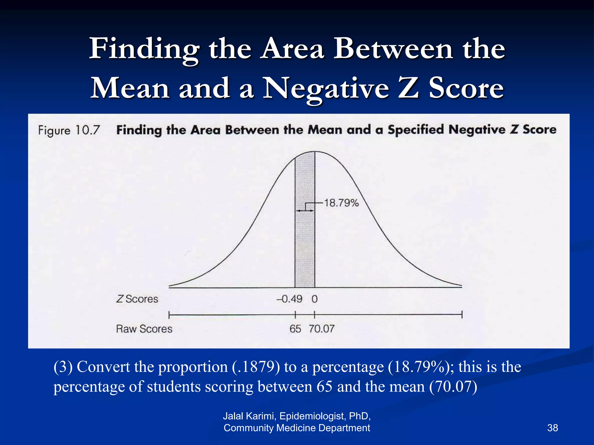 Finding the Area Between the
Mean and a Negative Z Score
(3) Convert the proportion (.1879) to a percentage (18.79%); this is the
percentage of students scoring between 65 and the mean (70.07)
Jalal Karimi, Epidemiologist, PhD,
Community Medicine Department 38
 