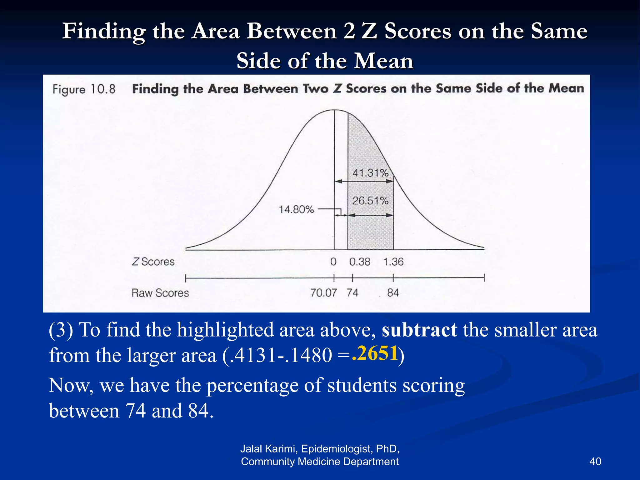 Finding the Area Between 2 Z Scores on the Same
Side of the Mean
(3) To find the highlighted area above, subtract the smaller area
from the larger area (.4131-.1480 = ).2651
Now, we have the percentage of students scoring
between 74 and 84.
Jalal Karimi, Epidemiologist, PhD,
Community Medicine Department 40
 