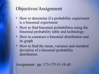 Objectives/Assignment
• How to determine if a probability experiment
is a binomial experiment
• How to find binomial probabilities using the
binomial probability table and technology
• How to construct a binomial distribution and
its graph
• How to find the mean, variance and standard
deviation of a binomial probability
distribution
Assignment: pp. 173-175 #1-18 all
 