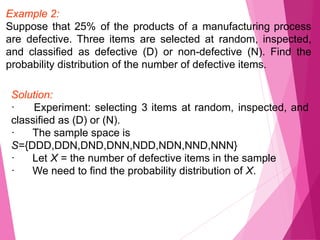 Example 2:
Suppose that 25% of the products of a manufacturing process
are defective. Three items are selected at random, inspected,
and classified as defective (D) or non-defective (N). Find the
probability distribution of the number of defective items.
Solution:
· Experiment: selecting 3 items at random, inspected, and
classified as (D) or (N).
· The sample space is
S={DDD,DDN,DND,DNN,NDD,NDN,NND,NNN}
· Let X = the number of defective items in the sample
· We need to find the probability distribution of X.
 