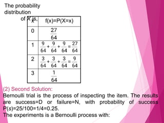 The probability
distribution
of X is,
x f(x)=P(X=x)
0
1
2
3
(2) Second Solution:
Bernoulli trial is the process of inspecting the item. The results
are success=D or failure=N, with probability of success
P(s)=25/100=1/4=0.25.
The experiments is a Bernoulli process with:
 