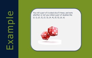 Example You roll a pair of 6-sided dice 5 times, and note
whether or not you rolled a pair of doubles like
(1, 1), (2, 2), (3, 3), (4, 4), (5, 5), (6, 6)
 