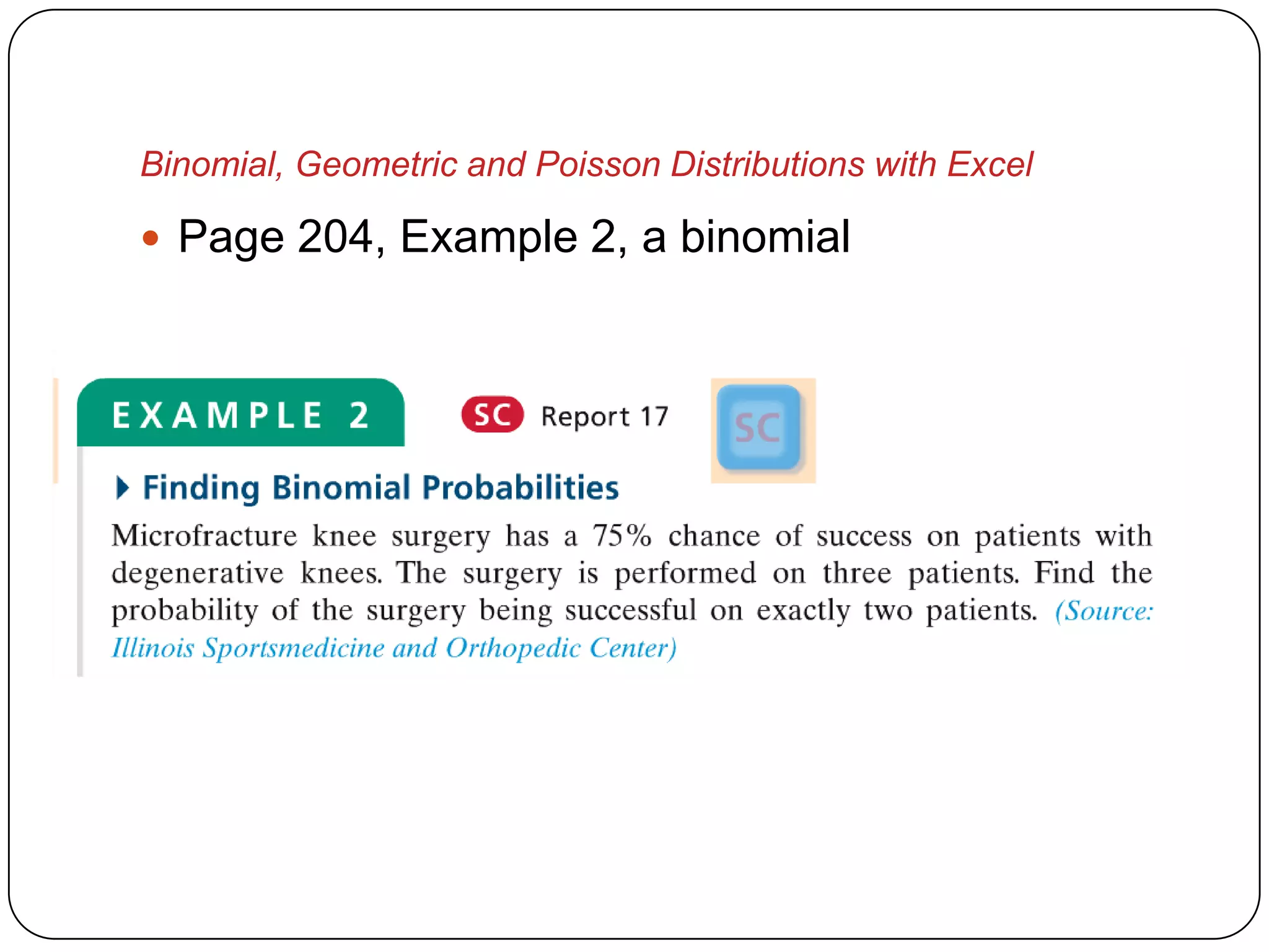 Binomial, Geometric and Poisson Distributions with Excel

 Page 204, Example 2, a binomial
 