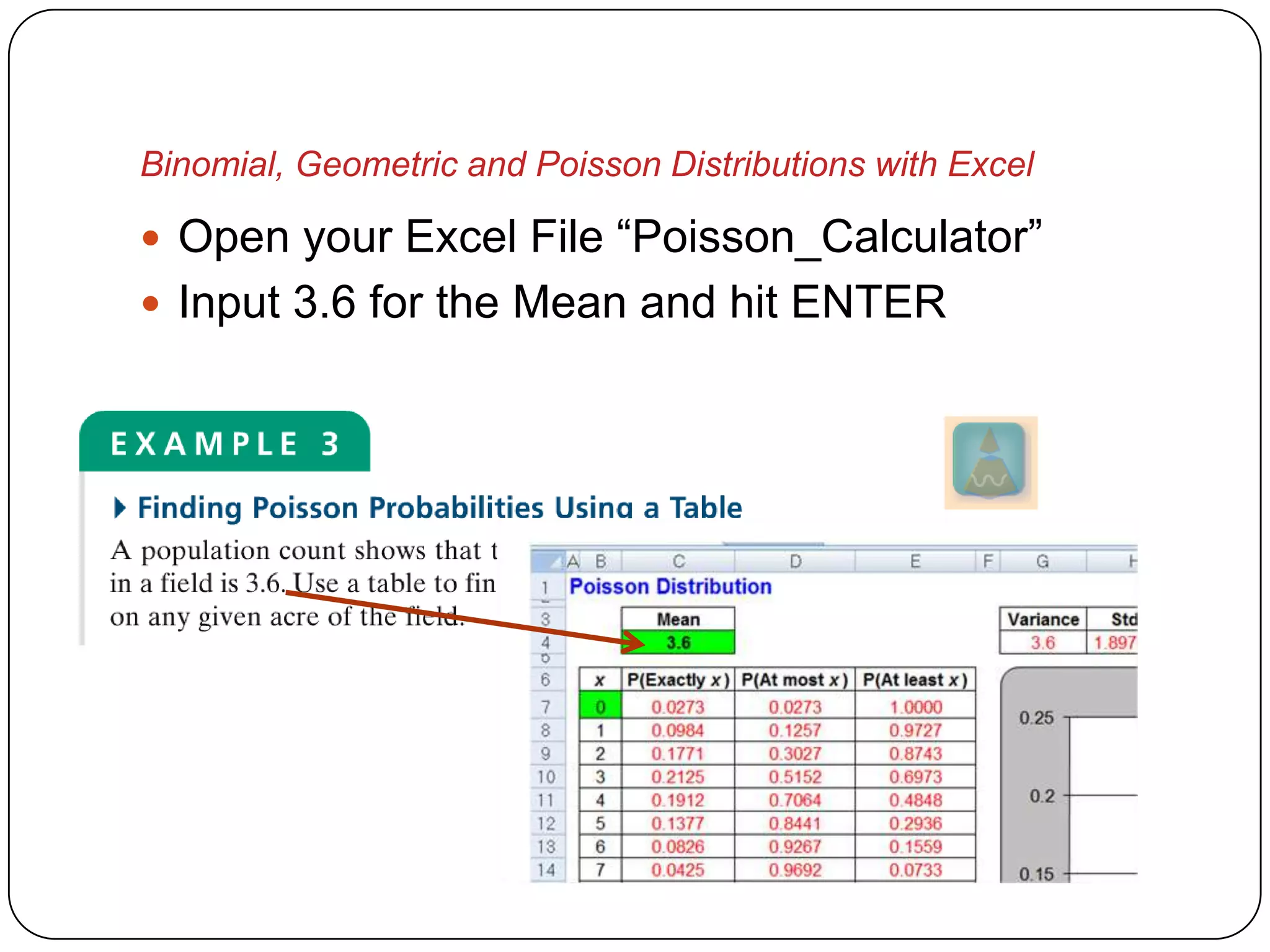 Binomial, Geometric and Poisson Distributions with Excel

 Open your Excel File “Poisson_Calculator”
 Input 3.6 for the Mean and hit ENTER
 