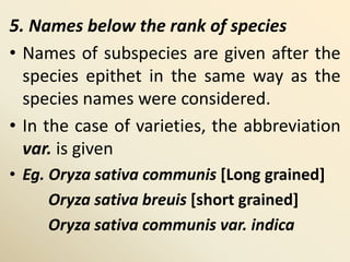 5. Names below the rank of species
• Names of subspecies are given after the
species epithet in the same way as the
species names were considered.
• In the case of varieties, the abbreviation
var. is given
• Eg. Oryza sativa communis [Long grained]
Oryza sativa breuis [short grained]
Oryza sativa communis var. indica
 