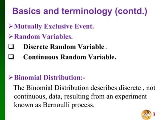 Slide 3
Basics and terminology (contd.)
Mutually Exclusive Event.
Random Variables.
 Discrete Random Variable .
 Continuous Random Variable.
Binomial Distribution:-
The Binomial Distribution describes discrete , not
continuous, data, resulting from an experiment
known as Bernoulli process.
 