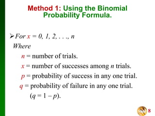 Slide 8
Method 1: Using the Binomial
Probability Formula.
For x = 0, 1, 2, . . ., n
Where
n = number of trials.
x = number of successes among n trials.
p = probability of success in any one trial.
q = probability of failure in any one trial.
(q = 1 – p).
 