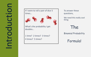 Introduction If I were to roll a pair of dice 5
times…
What’s the probability I get
doubles…
1 time? 2 times? 3 times?
4 times? 5 times?
To answer these
questions,
We need this really cool
thing
The
Binomial Probability
Formula!
 
