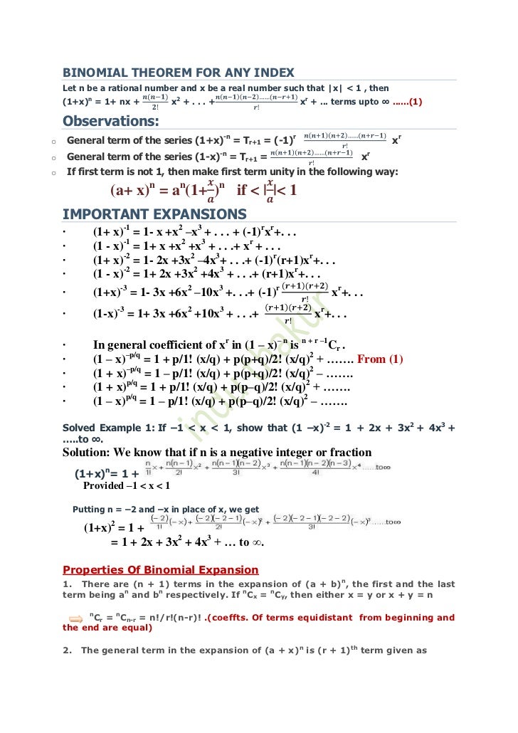 Binomial Theorem For Any Index