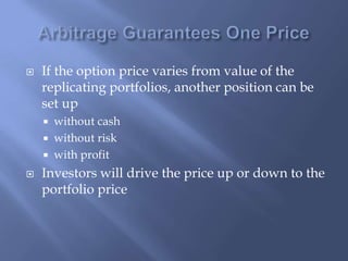 Arbitrage Guarantees One PriceIf the option price varies from value of the replicating portfolios, another position can be set upwithout cashwithout risk with profitInvestors will drive the price up or down to the portfolio price