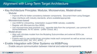 Alignment with Long-Term Target Architecture
• Key Architecture Principles: Modular, Microservices, Model-driven
- Modular
• Improve APIs for better consistency between components. Document them using Swagger.
• Align interfaces with industry standards, where available/appropriate
- Microservices-based
• Use OOM for onboarding, instantiation (support MSB natively), scalability
• Register with Microservice Bus (MSB)
• Use microservices best practices (e.g., separate data from the component, use common KV
stores/databases, for KV stores – prefer Consul, etc.)
- Model-driven
• Align with info/data models from the Modeling Subcommittee and external SDOs (as
appropriate)
• Explore ways to use model-driven principles inside each component as well as across various
components (SDC, SO, VFC, APPC, ..)
• Enable Integration with Other Systems via MSB/Proxy
- Enable secure communication between internal and external components
 