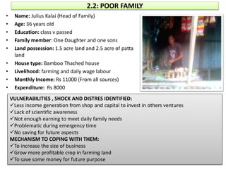 2.2: POOR FAMILY
• Name: Julius Kalai (Head of Family)
• Age: 36 years old
• Education: class v passed
• Family member: One Daughter and one sons
• Land possession: 1.5 acre land and 2.5 acre of patta
land
• House type: Bamboo Thached house
• Livelihood: farming and daily wage labour
• Monthly Income: Rs 11000 (From all sources)
• Expenditure: Rs 8000
VULNERABILITIES , SHOCK AND DISTRES IDENTIFIED:
Less income generation from shop and capital to invest in others ventures
Lack of scientific awareness
Not enough earning to meet daily family needs
Problematic during emergency time
No saving for future aspects
MECHANISM TO COPING WITH THEM:
To increase the size of business
Grow more profitable crop in farming land
To save some money for future purpose
 