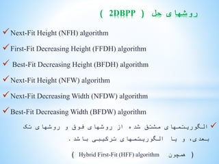 Next-Fit Height (NFH) algorithm
First-Fit Decreasing Height (FFDH) algorithm
 Best-Fit Decreasing Height (BFDH) algorithm
Next-Fit Height (NFW) algorithm
Next-Fit Decreasing Width (NFDW) algorithm
Best-Fit Decreasing Width (BFDW) algorithm
‫تک‬ ‫روشهای‬ ‫و‬ ‫فوق‬ ‫روشهای‬ ‫از‬ ‫شده‬ ‫مشتق‬ ‫الگوریتمهای‬
‫باشد‬ ‫ترکیبی‬ ‫الگوریتمهای‬ ‫یا‬ ‫و‬ ،‫بعدی‬.
(‫همچون‬Hybrid First-Fit (HFF) algorithm)
‫حل‬ ‫روشهای‬(2DBPP)
 
