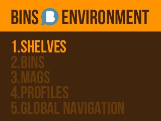 BINS    ENVIRONMENT
1.SHELVES
2.BINS
3.MAGS
4.PROFILES
5.GLOBAL NAVIGATION
 