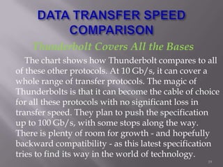 Thunderbolt Covers All the Bases
The chart shows how Thunderbolt compares to all
of these other protocols. At 10 Gb/s, it can cover a
whole range of transfer protocols. The magic of
Thunderbolts is that it can become the cable of choice
for all these protocols with no significant loss in
transfer speed. They plan to push the specification
up to 100 Gb/s, with some stops along the way.
There is plenty of room for growth - and hopefully
backward compatibility - as this latest specification
tries to find its way in the world of technology.
19
 