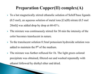  To a hot magnetically stirred ethanolic solution of Schiff base ligands
(0.5 mol), an aqueous solution of metal ions [Cu(II) nitrate (0.5 mol
20ml)] was added drop by drop at 60-65°c.
 The mixture was continuously stirred for 30 min the intensity of the
color becomes translucent in nature.
 To the translucent solution 0.5mol potassium hydroxide solution was
added to maintain the PH of the medium.
 The mixture was further refluxed for 1h. The light green colored
precipitate was obtained, filtered out and washed repeatedly with
ethanol followed by diethyl ether and dried.
 
