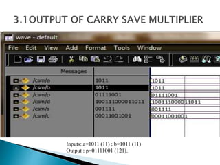 Inputs: a=1011 (11) ; b=1011 (11)
Output : p=01111001 (121).
 