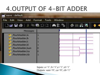 Inputs: a=‘1’; b=‘1’;c=‘1’; d=‘1’
Outputs: sum=‘0’; ca=‘0’; cb=‘1’
 