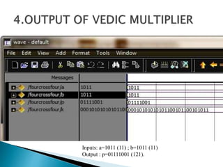 Inputs: a=1011 (11) ; b=1011 (11)
Output : p=01111001 (121).
 