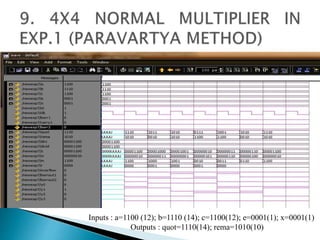 Inputs : a=1100 (12); b=1110 (14); c=1100(12); e=0001(1); x=0001(1)
Outputs : quot=1110(14); rema=1010(10)
 