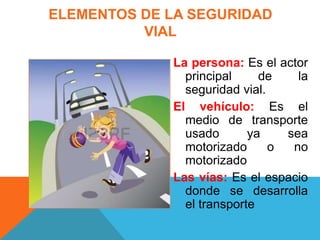 La persona: Es el actor
principal de la
seguridad vial.
El vehículo: Es el
medio de transporte
usado ya sea
motorizado o no
motorizado
Las vías: Es el espacio
donde se desarrolla
el transporte
ELEMENTOS DE LA SEGURIDAD
VIAL
 
