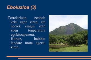 Eboluzioa (3)

Tertziarioan,     zenbait
 krisi egon ziren, eta
 horrek eragin izan
 zuen         tenperatura
 egokitzapenera.
 Hortaz,          hainbat
 landare mota agertu
 ziren.
 