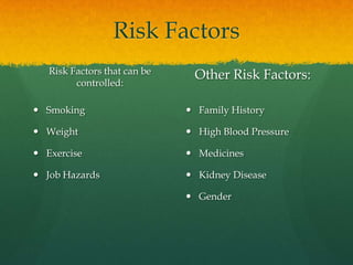 Risk Factors
   Risk Factors that can be    Other Risk Factors:
         controlled:

 Smoking                      Family History

 Weight                       High Blood Pressure

 Exercise                     Medicines

 Job Hazards                  Kidney Disease

                               Gender
 
