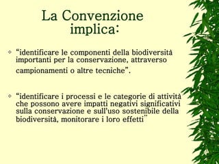 La Convenzione  implica: “ identificare le componenti della biodiversità importanti per la conservazione, attraverso campionamenti o altre tecniche”.   “ identificare i processi e le categorie di attività che possono avere impatti negativi significativi sulla conservazione e sull'uso sostenibile della biodiversità, monitorare i loro effetti ”   
