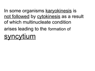 In some organisms karyokinesis is
not followed by cytokinesis as a result
of which multinucleate condition
arises leading to the formation of
syncytium
 