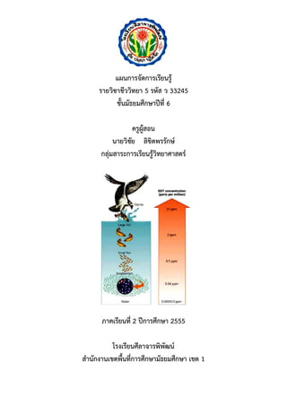 แผนการจัดการเรียนรู้
รายวิชาชีววิทยา 5 รหัส ว 33245
ชั้นมัธยมศึกษาปีที่ 6
ครูผู้สอน
นายวิชัย ลิขิตพรรักษ์
กลุ่มสาระการเรียนรู้วิทยาศาสตร์
ภาคเรียนที่ 2 ปีการศึกษา 2555
โรงเรียนศีลาจารพิพัฒน์
สานักงานเขตพื้นที่การศึกษามัธยมศึกษา เขต 1
 