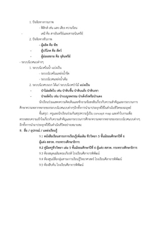 1. ปัจจัยทำงกำยภำพ
- ฟิสิกส์ เช่น แสง เสียง ควำมร้อน
- เคมี คือ สำรอินทรีย์และสำรอนินทรีย์
2. ปัจจัยทำงชีวภำพ
- ผู้ผลิต คือ พืช
- ผู้บริโภค คือ สัตว์
- ผู้ย่อยสลาย คือ จุลินทรีย์
- ระบบนิเวศแบต่ำงๆ
1. ระบบนิเวศในน้ำ แบ่งเป็น
- ระบบนิเวศในแหล่งน้ำจืด
- ระบบนิเวศแหล่งน้ำเค็ม
2. ระบบนิเวศบนบก ได้แก่ ระบบนิเวศป่ำไม้ แบ่งเป็น
- ป่าไม่ผลัดใบ เช่น ป่าดิบชื้น ป่าดิบแล้ง ป่าดิบเขา
- ป่าผลัดใบ เช่น ป่าเบญจพรรณ ป่าเต็งรังหรือป่าแดง
นักเรียนร่วมแสดงควำมคิดเห็นและซักถำมข้อสงสัยเกี่ยวกับควำมสำคัญและกระบวนกำร
ศึกษำควำมหลำกหลำยของระบบนิเวศแบบต่ำงๆอีกทั้งกำรนำมำประยุกต์ใช้ในดำเนินชีวิตของมนุษย์
ขั้นสรุป : ครูและนักเรียนร่วมกันสรุปควำมรู้เป็น concept map และทำใบงำนเพื่อ
ตรวจสอบควำมเข้ำใจเกี่ยวกับควำมสำคัญและกระบวนกำรศึกษำควำมหลำกหลำยของระบบนิเวศแบบต่ำงๆ
อีกทั้งกำรนำมำประยุกต์ใช้ในดำเนินชีวิตอย่ำงเหมำะสม
9. สื่อ / อุปกรณ์ / แหล่งเรียนรู้
9.1 หนังสือเรียนสาระการเรียนรู้เพิ่มเติม ชีววิทยา 5 ชั้นมัธยมศึกษาปีที่ 6
ผู้แต่ง สสวท. กระทรวงศึกษาธิการ
9.2 คู่มือครูชีววิทยา เล่ม 5 ชั้นมัธยมศึกษาปีที่ 6 ผู้แต่ง สสวท. กระทรวงศึกษาธิการ
9.3 ห้องสมุดเฉลิมพระเกียรติ โรงเรียนศีลำจำรพิพัฒน์
9.4 ห้องศูนย์สื่อกลุ่มสำระกำรเรียนรู้วิทยำศำสตร์ โรงเรียนศีลำจำรพิพัฒน์
9.5 ห้องสืบค้น โรงเรียนศีลำจำรพิพัฒน์
 