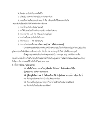 4. ดิน เช่น กำรกินดินโป่งของสัตว์ป่ำ
5. แก๊ส เช่น กระบวนกำรหำยใจและสังเครำะห์แสง
6. ควำมเป็นกรดเป็นเบสของดินและน้ำ คือ ชนิดของพืชที่มีควำมแตกต่งกัน
- ควำมสัมพันธ์ระหว่ำงสิ่งมีชีวิตกับปัจจัยทำงชีวภำพ
1. ภำวะพึ่งพำกัน (+,+) เช่น ไลเคนส์
2. กำรได้รับประโยชน์ร่วมกัน (+,+) เช่น นกเอี้ยงกับควำย
3. ภำวะอิงอำศัย (+,0) เช่น กล้วยไม้กับต้นไม้ใหญ่
4. กำรล่ำเหยื่อ (+,-) เช่น สิงโตกับกวำง
5. ภำวะปรสิต (+,-) เช่น พยำธิกับคน
6. ภำวะแก่งแย่งแข่งขัน (-,-) เช่น การต่อสู้ระหว่างสิงโตทะเลเพศผู้
นักเรียนร่วมแสดงควำมคิดเห็นและซักถำมข้อสงสัยเกี่ยวกับควำมสำคัญและกำรเปรียบเทียบ
รูปแบบควำมสัมพันธ์ในระบบนิเวศแบบต่ำงๆอีกทั้งกำรนำมำประยุกต์ใช้ในดำเนินชีวิตของมนุษย์
ขั้นสรุป : ครูและนักเรียนร่วมกันสรุปควำมรู้เป็น concept map และทำใบงำนเพื่อ
ตรวจสอบควำมเข้ำใจเกี่ยวกับควำมสำคัญและกำรเปรียบเทียบรูปแบบควำมสัมพันธ์ในระบบนิเวศแบบต่ำงๆ
อีกทั้งกำรนำมำประยุกต์ใช้ในดำเนินชีวิตอย่ำงเหมำะสม
9. สื่อ / อุปกรณ์ / แหล่งเรียนรู้
9.1 หนังสือเรียนสาระการเรียนรู้เพิ่มเติม ชีววิทยา 5 ชั้นมัธยมศึกษาปีที่ 6
ผู้แต่ง สสวท. กระทรวงศึกษาธิการ
9.2 คู่มือครูชีววิทยา เล่ม 5 ชั้นมัธยมศึกษาปีที่ 6 ผู้แต่ง สสวท. กระทรวงศึกษาธิการ
9.3 ห้องสมุดเฉลิมพระเกียรติ โรงเรียนศีลำจำรพิพัฒน์
9.4 ห้องศูนย์สื่อกลุ่มสำระกำรเรียนรู้วิทยำศำสตร์ โรงเรียนศีลำจำรพิพัฒน์
9.5 ห้องสืบค้น โรงเรียนศีลำจำรพิพัฒน์
 