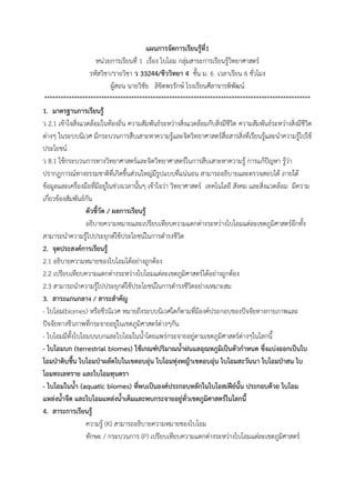 แผนการจัดการเรียนรู้ที่1
หน่วยกำรเรียนที่ 1 เรื่อง ไบโอม กลุ่มสำระกำรเรียนรู้วิทยำศำสตร์
รหัสวิชำ/รำยวิชำ ว 33244/ชีววิทยา 4 ชั้น ม. 6 เวลำเรียน 6 ชั่วโมง
ผู้สอน นำยวิชัย ลิขิตพรรักษ์ โรงเรียนศีลำจำรพิพัฒน์
**************************************************************************************************
1. มาตรฐานการเรียนรู้
ว 2.1 เข้ำใจสิ่งแวดล้อมในท้องถิ่น ควำมสัมพันธ์ระหว่ำงสิ่งแวดล้อมกับสิ่งมีชีวิต ควำมสัมพันธ์ระหว่ำงสิ่งมีชีวิต
ต่ำงๆ ในระบบนิเวศ มีกระบวนกำรสืบเสำะหำควำมรู้และจิตวิทยำศำสตร์สื่อสำรสิ่งที่เรียนรู้และนำควำมรู้ไปใช้
ประโยชน์
ว 8.1 ใช้กระบวนกำรทำงวิทยำศำสตร์และจิตวิทยำศำสตร์ในกำรสืบเสำะหำควำมรู้ กำรแก้ปัญหำ รู้ว่ำ
ปรำกฏกำรณ์ทำงธรรมชำติที่เกิดขึ้นส่วนใหญ่มีรูปแบบที่แน่นอน สำมำรถอธิบำยและตรวจสอบได้ ภำยใต้
ข้อมูลและเครื่องมือที่มีอยู่ในช่วงเวลำนั้นๆ เข้ำใจว่ำ วิทยำศำสตร์ เทคโนโลยี สังคม และสิ่งแวดล้อม มีควำม
เกี่ยวข้องสัมพันธ์กัน
ตัวชี้วัด / ผลการเรียนรู้
อธิบำยควำมหมำยและเปรียบเทียบควำมแตกต่ำงระหว่ำงไบโอมแต่ละเขตภูมิศำสตร์อีกทั้ง
สำมำรถนำควำมรู้ไปประยุกต์ใช้ประโยชน์ในกำรดำรงชีวิต
2. จุดประสงค์การเรียนรู้
2.1 อธิบำยควำมหมำยของไบโอมได้อย่ำงถูกต้อง
2.2 เปรียบเทียบควำมแตกต่ำงระหว่ำงไบโอมแต่ละเขตภูมิศำสตร์ได้อย่ำงถูกต้อง
2.3 สำมำรถนำควำมรู้ไปประยุกต์ใช้ประโยชน์ในกำรดำรงชีวิตอย่ำงเหมำะสม
3. สาระแกนกลาง / สาระสาคัญ
- ไบโอม(biomes) หรือชีวนิเวศ หมำยถึงระบบนิเวศใดก็ตำมที่มีองค์ประกอบของปัจจัยทำงกำยภำพและ
ปัจจัยทำงชีวภำพที่กระจำยอยู่ในเขตภูมิศำสตร์ต่ำงๆกัน
- ไบโอมมีทั้งไบโอมบนบกและไบโอมในน้ำโดยแพร่กระจำยอยู่ตำมเขตภูมิศำสตร์ต่ำงๆในโลกนี้
- ไบโอมบก (terrestrial biomes) ใช้เกณฑ์ปริมาณน้าฝนแลอุณหภูมิเป็นตัวกาหนด ซึ่งแบ่งออกเป็นไบ
โอมป่าดิบชื้น ไบโอมป่าผลัดใบในเขตอบอุ่น ไบโอมทุ่งหญ้าเขตอบอุ่น ไบโอมสะวันนา ไบโอมป่าสน ไบ
โอมทะเลทราย และไบโอมทุนดรา
- ไบโอมในน้า (aquatic biomes) ที่พบเป็นองค์ประกอบหลักในไบโอสเฟีย์นั้น ประกอบด้วย ไบโอม
แหล่งน้าจืด และไบโอมแหล่งน้าเค็มและพบกระจายอยู่ทั่วเขตภูมิศาสตร์ในโลกนี้
4. สาระการเรียนรู้
ควำมรู้ (K) สำมำรถอธิบำยควำมหมำยของไบโอม
ทักษะ / กระบวนกำร (P) เปรียบเทียบควำมแตกต่ำงระหว่ำงไบโอมแต่ละเขตภูมิศำสตร์
 
