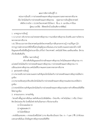 แผนกำรจัดกำรเรียนรู้ที่ 15
หน่วยกำรเรียนที่ 3 กำรถ่ำยทอดลักษณะทำงพันธุกรรมและควำมหลำกหลำยทำงชีวภำพ
เรื่อง โครโมโซมกับกำรถ่ำยทอดลักษณะทำงพันธุกรรม กลุ่มสำระกำรเรียนรู้วิทยำศำสตร์
รหัสวิชำ/รำยวิชำ ว 31104/วิทยำศำสตร์ (ชีววิทยำ) ชั้น ม. 4 เวลำเรียน 4 ชั่วโมง
ผู้สอน นำยวิชัย ลิขิตพรรักษ์ โรงเรียนศีลำจำรพิพัฒน์
**************************************************************************************************
1. มำตรฐำนกำรเรียนรู้
ว 1.2 ม.4-6/1 อธิบำยกระบวนถ่ำยทอดสำรพันธุกรรม กำรแปรผันทำงพันธุกรรม มิวเทชัน และกำรเกิดควำม
หลำกหลำยทำงชีวภำพ
ว 8.1 ใช้กระบวนกำรทำงวิทยำศำสตร์และจิตวิทยำศำสตร์ในกำรสืบเสำะหำควำมรู้ กำรแก้ปัญหำ รู้ว่ำ
ปรำกฏกำรณ์ทำงธรรมชำติที่เกิดขึ้นส่วนใหญ่มีรูปแบบที่แน่นอน สำมำรถอธิบำยและตรวจสอบได้ ภำยใต้
ข้อมูลและเครื่องมือที่มีอยู่ในช่วงเวลำนั้นๆ เข้ำใจว่ำ วิทยำศำสตร์ เทคโนโลยี สังคม และสิ่งแวดล้อม มีควำม
เกี่ยวข้องสัมพันธ์กัน
ตัวชี้วัด / ผลกำรเรียนรู้
อธิบำยสืบค้นข้อมูลและอภิปรำยลักษณะทำงพันธุกรรม โครโมโซมและสำรพันธุกรรม กำร
แบ่งเซลล์ โครโมโซมกับกำรถ่ำยทอดลักษณะทำงพันธุกรรม กำรถ่ำยทอดลักษณะทำงพันธุกรรม กำร
เปลี่ยนแปลงทำงพันธุกรรม เทคโนโลยีชีวภำพและควำมหลำกหลำยทำงชีวภำพ
2. จุดประสงค์กำรเรียนรู้
2.1 สำมำรถอธิบำยควำมหมำยและควำมสำคัญของโครโมโซมกับกำรถ่ำยทอดลักษณะทำงพันธุกรรมได้อย่ำง
ถูกต้อง
2.2 สำมำรถเขียนสรุปเปรียบเทียบโครโมโซมกับกำรถ่ำยทอดลักษณะทำงพันธุกรรมแต่ละประเภทได้อย่ำง
ถูกต้อง
2.3 ตระหนักถึงควำมสำคัญของโครโมโซมกับกำรถ่ำยทอดลักษณะทำงพันธุกรรมต่อกำรดำรงชีวิตของสิ่งมีชีวิต
ได้อย่ำงถูกต้อง
3. สำระแกนกลำง / สำระสำคัญ
- โครงสร้ำงพื้นฐำนทำงดีเอ็นเอ ขดตัวพันรอบโปรตีนฮิสโตน = โครมำทิน  โครโมโซม ( 1 หรือ 2 โครมำ
ติด) มีหน่วยย่อย คือ นิวคลีโอไทด์ ต่อกันเป็นสำยยำว ซึ่งประกอบด้วย
(1) น้ำตำลเพนโทส (S)
(2) หมู่ฟอสเฟต (P)
(3) ไนโตรจีนัสเบส
- สำยดีเอ็นเอของคน = สำยของนิวคลีโอไทด์ 2 สำย พันเกลียวเวียนขวำ โดย A = T และ C ≡ G ลำดับของ
เบสบนสำยดีเอ็นเอ เป็นข้อมูลทำงพันธุกรรมของสิ่งมีชีวิต
 