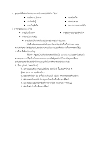 > คุณสมบัติทั้งทำงด้ำนกำยภำพและชีวภำพของสิ่งมีชีวิต ได้แก่
 กำรจัดระบบร่ำงกำย
 กำรสืบพันธุ์
 กำรเจริญเติบโต
 กำรเคลื่อนไหว
 กำรตอบสนอง
 กระบวนกำรเมทำบอลิซึม
> กำรดำรงชีวิตยังต้องอำศัย
 กำรได้มำซึ่งอำหำร
 กำรหำยใจระดับเซลล์
 กำรสังเครำะห์สำรจำเป็นต่ำงๆ
 กำรปรับตัวให้เข้ำกับสิ่งแวดล้อมรวมถึงกำรเกิดวิวัฒนำกำร
นักเรียนร่วมแสดงควำมคิดเห็นและซักถำมข้อสงสัยเกี่ยวกับควำมหมำยและ
ควำมสำคัญของวิชำชีววิทยำกับคุณสมบัติและองค์ประกอบของสิ่งมีชีวิตอีกทั้งกำรประยุกต์ใช้ใน
กำรศึกษำชีววิทยำในระดับสูง
ขั้นสรุป : ครูและนักเรียนร่วมกันสรุปควำมรู้เป็น concept map และทำใบงำนเพื่อ
ตรวจสอบควำมเข้ำใจเกี่ยวกับควำมหมำยและควำมสำคัญของวิชำชีววิทยำกับคุณสมบัติและ
องค์ประกอบของสิ่งมีชีวิตอีกทั้งกำรประยุกต์ใช้ในกำรศึกษำชีววิทยำในระดับสูง
9. สื่อ / อุปกรณ์ / แหล่งเรียนรู้
9.1 หนังสือเรียนสำระกำรเรียนรู้เพิ่มเติม ชีววิทยำ 1 ชั้นมัธยมศึกษำปีที่ 4
ผู้แต่ง สสวท. กระทรวงศึกษำธิกำร
9.2 คู่มือครูชีววิทยำ เล่ม 1 ชั้นมัธยมศึกษำปีที่ 4 ผู้แต่ง สสวท.กระทรวงศึกษำธิกำร
9.3 ห้องสมุดเฉลิมพระเกียรติกำญจนำภิเษก โรงเรียนศีลำจำรพิพัฒน์
9.4 ห้องศูนย์สื่อกลุ่มสำระกำรเรียนรู้วิทยำศำสตร์ โรงเรียนศีลำจำรพิพัฒน์
9.5 ห้องสืบค้น โรงเรียนศีลำจำรพิพัฒน์
 