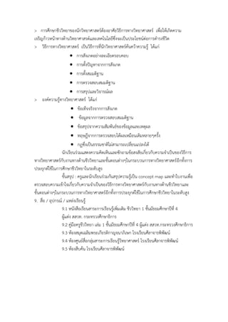 > กำรศึกษำชีววิทยำของนักวิทยำศำสตร์ต้องอำศัยวิธีกำรทำงวิทยำศำสตร์ เพื่อให้เกิดควำม
เจริญก้ำวหน้ำทำงด้ำนวิทยำศำสรต์และเทคโนโลยีซึ่งจะเป็นประโยชน์ต่อกำรดำรงชีวิต
> วิธีกำรทำงวิทยำศำสตร์ เป็นวิธีกำรที่นักวิทยำศำสตร์ค้นคว้ำควำมรู้ ได้แก่
 กำรสังเกตอย่ำงละเอียดรอบคอบ
 กำรตั้งปัญหำจำกกำรสังเกต
 กำรตั้งสมมติฐำน
 กำรตรวจสอบสมมติฐำน
 กำรสรุปและวิจำรณ์ผล
> องค์ควำมรู้ทำงวิทยำศำสตร์ ได้แก่
 ข้อเท็จจริงจำกกำรสังเกต
 ข้อมูลจำกกำรตรวจสอบสมมติฐำน
 ข้อสรุปจำกควำมสัมพันธ์ของข้อมูลและเหตุผล
 ทฤษฎีจำกกำรตรวจสอบได้ผลเหมือนเดิมหลำยๆครั้ง
 กฏซึ่งเป็นธรรมชำติไม่สำมำรถเปลี่ยนแปลงได้
นักเรียนร่วมแสดงควำมคิดเห็นและซักถำมข้อสงสัยเกี่ยวกับควำมจำเป็นของวิธีกำร
ทำงวิทยำศำสตร์กับงำนทำงด้ำนชีววิทยำและขั้นตอนต่ำงๆในกระบวนกำรทำงวิทยำศำสตร์อีกทั้งกำร
ประยุกต์ใช้ในกำรศึกษำชีววิทยำในระดับสูง
ขั้นสรุป : ครูและนักเรียนร่วมกันสรุปควำมรู้เป็น concept map และทำใบงำนเพื่อ
ตรวจสอบควำมเข้ำใจเกี่ยวกับควำมจำเป็นของวิธีกำรทำงวิทยำศำสตร์กับงำนทำงด้ำนชีววิทยำและ
ขั้นตอนต่ำงๆในกระบวนกำรทำงวิทยำศำสตร์อีกทั้งกำรประยุกต์ใช้ในกำรศึกษำชีววิทยำในระดับสูง
9. สื่อ / อุปกรณ์ / แหล่งเรียนรู้
9.1 หนังสือเรียนสำระกำรเรียนรู้เพิ่มเติม ชีววิทยำ 1 ชั้นมัธยมศึกษำปีที่ 4
ผู้แต่ง สสวท. กระทรวงศึกษำธิกำร
9.2 คู่มือครูชีววิทยำ เล่ม 1 ชั้นมัธยมศึกษำปีที่ 4 ผู้แต่ง สสวท.กระทรวงศึกษำธิกำร
9.3 ห้องสมุดเฉลิมพระเกียรติกำญจนำภิเษก โรงเรียนศีลำจำรพิพัฒน์
9.4 ห้องศูนย์สื่อกลุ่มสำระกำรเรียนรู้วิทยำศำสตร์ โรงเรียนศีลำจำรพิพัฒน์
9.5 ห้องสืบค้น โรงเรียนศีลำจำรพิพัฒน์
 
