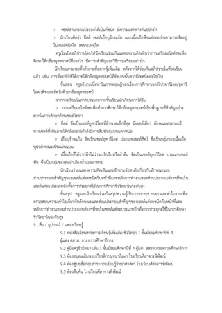 > เซลล์สำมำรถแบ่งออกได้เป็นกี่ชนิด มีควำมแตกต่ำงกันอย่ำงไร
> นักเรียนคิดว่ำ ยีสต์ เซลล์เยื่อบุข้ำงแก้ม และเนื้อเยือพืชแต่ละอย่ำงสำมำรถจัดอยู่
ในเซลล์ชนิดใด เพรำะเหตุใด
ครูเริ่มเปิดอภิปรำยโดยให้นักเรียนร่วมกันแสดงควำมคิดเห็นว่ำกำรเตรียมสไลด์สดเพื่อ
ศึกษำใต้กล้องจุลทรรศน์คืออะไร มีควำมสำคัญและวิธีกำรเตรียมอย่ำงไร
นักเรียนสำมำรถตั้งคำถำมที่อยำกรู้เพิ่มเติม หลังจำกได้ร่วมกันอภิปรำยในห้องเรียน
แล้ว เช่น กำรที่จะทำให้ได้ภำพใต้กล้องจุลทรรศน์ที่ชัดเจนนั้นควรมีเทคนิคอะไรบ้ำง
ขั้นสอน : ครูอธิบำยเนื้อหำในภำคทฤษฎีของเรื่องกำรศึกษำเซลล์โปรคำริโอต/ยูคำริ
โอต (พืชและสัตว์) ด้วยกล้องจุลทรรศน์
จำกกำรเรียนในภำคบรรยำยจำกชั้นเรียนนักเรียนควรได้รับ
> กำรเตรียมสไลด์สดเพื่อทำกำรศึกษำใต้กล้องจุลทรรศน์เป็นพื้นฐำนที่สำคัญอย่ำง
มำกในกำรศึกษำด้ำนเซลล์วิทยำ
> ยีสต์ จัดเป็นเซลล์ยูคำริโอตที่มีขนำดเล็กที่สุด มีเซลล์เดียว ลักษณะทรงกลมรี
บำงเซลล์ที่เห็นภำยใต้กล้องอำจกำลังมีกำรสืบพันธุ์แบบแตกหน่อ
> เยื่อบุข้ำงแก้ม จัดเป็นเซลล์ยูคำริโอต ประเภทเซลล์สัตว์ ซึ่งเป็นกลุ่มของเนื้อเยื่อ
บุผิวลักษณะเป็นแผ่นแบน
> เนื้อเยื่อที่ได้จำกพืชไม่ว่ำจะเป็นใบหรือลำต้น จัดเป็นเซลล์ยูคำริโอต ประเภทเซลล์
พืช ซึ่งเป็นกลุ่มของท่อลำเลียงน้ำและอำหำร
นักเรียนร่วมแสดงควำมคิดเห็นและซักถำมข้อสงสัยเกี่ยวกับลักษณะและ
ส่วนประกอบสำคัญๆของเซลล์แต่ละชนิดกับหน้ำที่และหลักกำรทำงำนของส่วนประกอบต่ำงๆที่พบใน
เซลล์แต่ละประเภทอีกทั้งกำรประยุกต์ใช้ในกำรศึกษำชีววิทยำในระดับสูง
ขั้นสรุป : ครูและนักเรียนร่วมกันสรุปควำมรู้เป็น concept map และทำใบงำนเพื่อ
ตรวจสอบควำมเข้ำใจเกี่ยวกับลักษณะและส่วนประกอบสำคัญๆของเซลล์แต่ละชนิดกับหน้ำที่และ
หลักกำรทำงำนของส่วนประกอบต่ำงๆที่พบในเซลล์แต่ละประเภทอีกทั้งกำรประยุกต์ใช้ในกำรศึกษำ
ชีววิทยำในระดับสูง
9. สื่อ / อุปกรณ์ / แหล่งเรียนรู้
9.1 หนังสือเรียนสำระกำรเรียนรู้เพิ่มเติม ชีววิทยำ 1 ชั้นมัธยมศึกษำปีที่ 4
ผู้แต่ง สสวท. กระทรวงศึกษำธิกำร
9.2 คู่มือครูชีววิทยำ เล่ม 1 ชั้นมัธยมศึกษำปีที่ 4 ผู้แต่ง สสวท.กระทรวงศึกษำธิกำร
9.3 ห้องสมุดเฉลิมพระเกียรติกำญจนำภิเษก โรงเรียนศีลำจำรพิพัฒน์
9.4 ห้องศูนย์สื่อกลุ่มสำระกำรเรียนรู้วิทยำศำสตร์ โรงเรียนศีลำจำรพิพัฒน์
9.5 ห้องสืบค้น โรงเรียนศีลำจำรพิพัฒน์
 