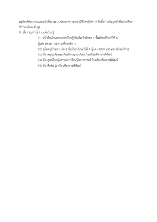 สรุปองค์ประกอบและหน้ำที่ของระบบย่อยอำหำรของสิ่งมีชีวิตชนิดต่ำงๆอีกทั้งกำรประยุกต์ใช้ในกำรศึกษำ
ชีววิทยำในระดับสูง
9. สื่อ / อุปกรณ์ / แหล่งเรียนรู้
9.1 หนังสือเรียนสำระกำรเรียนรู้เพิ่มเติม ชีววิทยำ 1 ชั้นมัธยมศึกษำปีที่ 4
ผู้แต่ง สสวท. กระทรวงศึกษำธิกำร
9.2 คู่มือครูชีววิทยำ เล่ม 1 ชั้นมัธยมศึกษำปีที่ 4 ผู้แต่ง สสวท. กระทรวงศึกษำธิกำร
9.3 ห้องสมุดเฉลิมพระเกียรติกำญจนำภิเษก โรงเรียนศีลำจำรพิพัฒน์
9.4 ห้องศูนย์สื่อกลุ่มสำระกำรเรียนรู้วิทยำศำสตร์ โรงเรียนศีลำจำรพิพัฒน์
9.5 ห้องสืบค้น โรงเรียนศีลำจำรพิพัฒน์
 