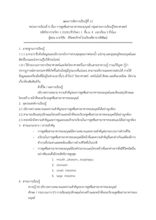 แผนกำรจัดกำรเรียนรู้ที่ 12
หน่วยกำรเรียนที่ 4 เรื่อง กำรดูดซึมสำรอำหำรของมนุษย์ กลุ่มสำระกำรเรียนรู้วิทยำศำสตร์
รหัสวิชำ/รำยวิชำ ว 31241/ชีววิทยำ 1 ชั้น ม. 4 เวลำเรียน 5 ชั่วโมง
ผู้สอน นำยวิชัย ลิขิตพรรักษ์ โรงเรียนศีลำจำรพิพัฒน์
*******************************************************************************************
1. มำตรฐำนกำรเรียนรู้
ว 1.1 ม.4-6/3 สืบค้นข้อมูลและอธิบำยกลไกกำรควบคุมดุลยภำพของน้ำ แร่ธำตุ และอุณหภูมิของมนุษย์และ
สัตว์อื่นๆและนำควำมรู้ไปใช้ประโยชน์
ว 8.1 ใช้กระบวนกำรทำงวิทยำศำสตร์และจิตวิทยำศำสตร์ในกำรสืบเสำะหำควำมรู้ กำรแก้ปัญหำ รู้ว่ำ
ปรำกฏกำรณ์ทำงธรรมชำติที่เกิดขึ้นส่วนใหญ่มีรูปแบบที่แน่นอน สำมำรถอธิบำยและตรวจสอบได้ ภำยใต้
ข้อมูลและเครื่องมือที่มีอยู่ในช่วงเวลำนั้นๆ เข้ำใจว่ำ วิทยำศำสตร์ เทคโนโลยี สังคม และสิ่งแวดล้อม มีควำม
เกี่ยวข้องสัมพันธ์กัน
ตัวชี้วัด / ผลกำรเรียนรู้
อธิบำยควำมหมำย ควำมสำคัญของกำรดูดซึมสำรอำหำรของมนุษย์และเขียนสรุปลักษณะ
โครงสร้ำง หน้ำที่ของอวัยวะดูดซึมสำรอำหำรของมนุษย์
2. จุดประสงค์กำรเรียนรู้
2.1 อธิบำยควำมหมำยและควำมสำคัญของกำรดูดซึมสำรอำหำรของมนุษย์ได้อย่ำงถูกต้อง
2.2 สำมำรถเขียนสรุปลักษณะโครงสร้ำงและหน้ำที่ของอวัยวะดูดซึมสำรอำหำรของมนุษย์ได้อย่ำงถูกต้อง
2.3 ตระหนักถึงควำมสำคัญและกำรดูแลถนอมรักษำอวัยวะในกำรดูดซึมสำรอำหำรของตนเองได้อย่ำงถูกต้อง
3. สำระแกนกลำง / สำระสำคัญ
- กำรดูดซึมสำรอำหำรของมนุษย์มีควำมหมำยและควำมสำคัญต่อกระบวนกำรดำรงชีวิต
- อวัยวะในกำรดูดซึมสำรอำหำรของมนุษย์มีหน้ำที่และควำมสำคัญที่แตกต่ำงกันแต่ต้องมีกำร
ทำงำนที่ประสำนสอดคล้องเพื่อกำรดำรงชีวิตที่เป็นปกติ
- กำรดูดซึมสำรอำหำรของมนุษย์มีองค์ประกอบและโครงสร้ำงที่แตกต่ำงจำกสิ่งมีชีวิตชนิดอื่น
อย่ำงชัดเจนซึ่งมีประสิทธิภำพสูงสุด
1. mouth , pharynx , esophagus
2. stomach
3. small intestine
4. large intestine
4. สำระกำรเรียนรู้
ควำมรู้ (K) อธิบำยควำมหมำยและควำมสำคัญของกำรดูดซึมสำรอำหำรของมนุษย์
ทักษะ / กระบวนกำร (P) กำรเขียนสรุปลักษณะโครงสร้ำงและหน้ำที่ของอวัยวะดูดซึมสำรอำหำรของ
มนุษย์
 