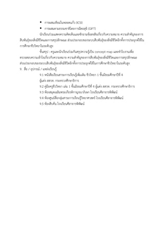  กำรผสมเทียมในหลอดแก้ว (ICSI)
 กำรผสมตำมธรรมชำติโดยกำรฉีดอสุจิ (GIFT)
นักเรียนร่วมแสดงควำมคิดเห็นและซักถำมข้อสงสัยเกี่ยวกับควำมหมำย ควำมสำคัญของกำร
สืบพันธุ์ของสิ่งมีชีวิตและกำรสรุปลักษณะ ส่วนประกอบของระบบสืบพันธุ์ของสิ่งมีชีวิตอีกทั้งกำรประยุกต์ใช้ใน
กำรศึกษำชีววิทยำในระดับสูง
ขั้นสรุป : ครูและนักเรียนร่วมกันสรุปควำมรู้เป็น concept map และทำใบงำนเพื่อ
ตรวจสอบควำมเข้ำใจเกี่ยวกับควำมหมำย ควำมสำคัญของกำรสืบพันธุ์ของสิ่งมีชีวิตและกำรสรุปลักษณะ
ส่วนประกอบของระบบสืบพันธุ์ของสิ่งมีชีวิตอีกทั้งกำรประยุกต์ใช้ในกำรศึกษำชีววิทยำในระดับสูง
9. สื่อ / อุปกรณ์ / แหล่งเรียนรู้
9.1 หนังสือเรียนสำระกำรเรียนรู้เพิ่มเติม ชีววิทยำ 1 ชั้นมัธยมศึกษำปีที่ 4
ผู้แต่ง สสวท. กระทรวงศึกษำธิกำร
9.2 คู่มือครูชีววิทยำ เล่ม 1 ชั้นมัธยมศึกษำปีที่ 4 ผู้แต่ง สสวท. กระทรวงศึกษำธิกำร
9.3 ห้องสมุดเฉลิมพระเกียรติกำญจนำภิเษก โรงเรียนศีลำจำรพิพัฒน์
9.4 ห้องศูนย์สื่อกลุ่มสำระกำรเรียนรู้วิทยำศำสตร์ โรงเรียนศีลำจำรพิพัฒน์
9.5 ห้องสืบค้น โรงเรียนศีลำจำรพิพัฒน์
 