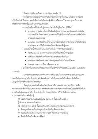 ขั้นสอน : ครูอธิบายเนื้อหา “การล้าเลียงน้้าของพืช” ว่า
> พืชที่ไม่มีท่อล้าเลียง มักมีขนาดเล็กและเจริญในที่มีความชื้นสูงร่มเงาเพียงพอ ทุกเซลล์จึง
ได้รับน้้าอย่างทั่วถึงโดยการออสโมซิสอย่างต่อเนื่องส่วนพืชที่มีขนาดใหญ่และวิวัฒนาการสูงจะมีระบบท่อ
ล้าเลียงเฉพาะจากรากขึ้นไปเลี้ยงเซลล์ที่อยู่ปลายยอด
> การเคลื่อนที่ของน้้าในดินเข้าสู่รากและล้าต้นพืชมีอยู่ด้วยกัน 2 วิธี ได้แก่
 apoplast การเคลื่อนที่ของน้้าในดินเข้าสู่รากผ่านชั้นคอร์เทกซ์ของรากไปจนถึงช้น
เอนโดเดอร์มิสได้โดยน้้าจะผ่านจากเซลล์หนึ่งไปยังอีกเซลล์หนึ่งทางผนังเซลล์หรือผ่าน
ทางช่องว่างระหว่างเซลล์
 symplast การเคลื่อนที่ของน้้าผ่านเซลล์หนึ่งสู่เซลล์หนึ่งทางไซโทพลาสซึมที่เรียกว่าพ
ลาสโมเดสมาทาเข้าไปในเซลล์เอนโดเดอร์มิสก่อนเข้าสู่ไซเลม
> ปัจจัยที่ท้าให้น้้าสามารถน้าเลียงได้อย่างต่อเนื่องจากรากสู่ยอดของพืช คือ
 Root pressure แรงดันรากเกิดจากการเคลื่อนที่ของน้้าเข้าสู่ไซเลม
 Cohesion คือแรงที่เกิดขึ้นระหว่างโมเลกุลของน้้าด้วยกันเอง
 Adhesion แรงยึดเหนี่ยวระหว่างโมเลกุลของน้้ากับผนังของท่อไซเลม
 Transpiration pull คือ แรงดึงจากการคายน้้า
> เครื่องมือที่นักวิทยาศาสตร์ใช้วัดการคายน้้าเพื่อศึกษาหาค่าของ transpiration pull เรียกว่า
potometer
นักเรียนร่วมแสดงความคิดเห็นและซักถามข้อสงสัยเกี่ยวกับความหมาย องค์ประกอบและ
ความส้าคัญของการล้าเลียงน้้าของพืช หน้าที่และโครงสร้างส้าคัญของการล้าเลียงน้้าของพืชอีกทั้งการ
ประยุกต์ใช้ในการศึกษาชีววิทยาในระดับสูง
ขั้นสรุป : ครูและนักเรียนร่วมกันสรุปความรู้เป็น concept map และท้าใบงานเพื่อ
ตรวจสอบความเข้าใจเกี่ยวกับความหมาย องค์ประกอบและความส้าคัญของการล้าเลียงน้้าของพืช หน้าที่และ
โครงสร้างส้าคัญของการล้าเลียงน้้าของพืชอีกทั้งการประยุกต์ใช้ในการศึกษาชีววิทยาในระดับสูง
9. สื่อ / อุปกรณ์ / แหล่งเรียนรู้
9.1 หนังสือเรียนสาระการเรียนรู้เพิ่มเติม ชีววิทยา 3 ชั้นมัธยมศึกษาปีที่ 5
ผู้แต่ง สสวท. กระทรวงศึกษาธิการ
9.2 คู่มือครูชีววิทยา เล่ม 3 ชั้นมัธยมศึกษาปีที่ 5 ผู้แต่ง สสวท.กระทรวงศึกษาธิการ
9.3 ห้องสมุดเฉลิมพระเกียรติกาญจนาภิเษก โรงเรียนศีลาจารพิพัฒน์
9.4 ห้องศูนย์สื่อกลุ่มสาระการเรียนรู้วิทยาศาสตร์ โรงเรียนศีลาจารพิพัฒน์
9.5 ห้องสืบค้น โรงเรียนศีลาจารพิพัฒน์
 