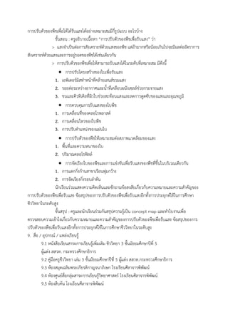 การปรับตัวของพืชเพื่อให้ได้รับแสงได้อย่างเหมาะสมมีกี่รูปแบบ อะไรบ้าง
ขั้นสอน : ครูอธิบายเนื้อหา “การปรับตัวของพืชเพื่อรับแสง” ว่า
> แสงจ้าเป็นต่อการสังเคราะห์ด้วยแสงของพืช แต่ถ้ามากหรือน้อยเกินไปจะมีผลต่ออัตราการ
สังเคราะห์ด้วยแสงและการอยู่รอดของพืชได้เช่นเดียวกัน
> การปรับตัวของพืชเพื่อให้สามารถรับแสงได้ในระดับที่เหมาะสม มีดังนี้
 การปรับโครงสร้างของใบเพื่อรับแสง
1. เอพิเดอร์มิสท้าหน้าที่คล้ายเลนส์รวมแสง
2. รอยต่อระหว่างอากาศและน้้าที่เคลือบผนังเซลล์ช่วยกระจายแสง
3. ขนและคิวทิเคิลที่ผิวใบช่วยสะท้อนแสงและลดการดูดซับของแสงและอุณหภูมิ
 การควบคุมการรับแสงของใบพืช
1. การเคลื่อนที่ของคลอโรพลาสต์
2. การเคลื่อนไหวของใบพืช
3. การปรับต้าแหน่งของแผ่นใบ
 การปรับตัวของพืชให้เหมาะสมต่อสภาพแวดล้อมของแสง
1. พื้นที่และความหนาของใบ
2. ปริมาณคลอโรฟิลล์
 การจัดเรียงใบของพืชและการแข่งขันเพื่อรับแสงของพืชที่ขึ้นในบริเวณเดียวกัน
1. การแตกกิ่งก้านสาขาเรือนพุ่มกว้าง
2. การจัดเรียงกิ่งรอบล้าต้น
นักเรียนร่วมแสดงความคิดเห็นและซักถามข้อสงสัยเกี่ยวกับความหมายและความส้าคัญของ
การปรับตัวของพืชเพื่อรับแสง ข้อสรุปของการปรับตัวของพืชเพื่อรับแสงอีกทั้งการประยุกต์ใช้ในการศึกษา
ชีววิทยาในระดับสูง
ขั้นสรุป : ครูและนักเรียนร่วมกันสรุปความรู้เป็น concept map และท้าใบงานเพื่อ
ตรวจสอบความเข้าใจเกี่ยวกับความหมายและความส้าคัญของการปรับตัวของพืชเพื่อรับแสง ข้อสรุปของการ
ปรับตัวของพืชเพื่อรับแสงอีกทั้งการประยุกต์ใช้ในการศึกษาชีววิทยาในระดับสูง
9. สื่อ / อุปกรณ์ / แหล่งเรียนรู้
9.1 หนังสือเรียนสาระการเรียนรู้เพิ่มเติม ชีววิทยา 3 ชั้นมัธยมศึกษาปีที่ 5
ผู้แต่ง สสวท. กระทรวงศึกษาธิการ
9.2 คู่มือครูชีววิทยา เล่ม 3 ชั้นมัธยมศึกษาปีที่ 5 ผู้แต่ง สสวท.กระทรวงศึกษาธิการ
9.3 ห้องสมุดเฉลิมพระเกียรติกาญจนาภิเษก โรงเรียนศีลาจารพิพัฒน์
9.4 ห้องศูนย์สื่อกลุ่มสาระการเรียนรู้วิทยาศาสตร์ โรงเรียนศีลาจารพิพัฒน์
9.5 ห้องสืบค้น โรงเรียนศีลาจารพิพัฒน์
 