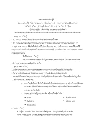 แผนการจัดการเรียนรู้ที่ 17
หน่วยการเรียนที่ 3 เรื่อง สารควบคุมการเจริญเติบโตของพืช กลุ่มสาระการเรียนรู้วิทยาศาสตร์
รหัสวิชา/รายวิชา ว 32243/ชีววิทยา 3 ชั้น ม. 5 เวลาเรียน 5 ชั่วโมง
ผู้สอน นายวิชัย ลิขิตพรรักษ์ โรงเรียนศีลาจารพิพัฒน์
*******************************************************************************************
1. มาตรฐานการเรียนรู้
ว 1.1 ม.4-6/2 ทดลองและอธิบายกลไกการรักษาดุลยภาพของน้้าในพืช
ว 8.1 ใช้กระบวนการทางวิทยาศาสตร์และจิตวิทยาศาสตร์ในการสืบเสาะหาความรู้ การแก้ปัญหา รู้ว่า
ปรากฏการณ์ทางธรรมชาติที่เกิดขึ้นส่วนใหญ่มีรูปแบบที่แน่นอน สามารถอธิบายและตรวจสอบได้ ภายใต้
ข้อมูลและเครื่องมือที่มีอยู่ในช่วงเวลานั้นๆ เข้าใจว่า วิทยาศาสตร์ เทคโนโลยี สังคม และสิ่งแวดล้อม มีความ
เกี่ยวข้องสัมพันธ์กัน
ตัวชี้วัด / ผลการเรียนรู้
อธิบายความหมายและความส้าคัญของสารควบคุมการเจริญเติบโตของพืช เขียนข้อสรุป
หน้าที่ของสารควบคุมการเจริญเติบโตของพืช
2. จุดประสงค์การเรียนรู้
2.1 อธิบายความหมายและความส้าคัญของสารควบคุมการเจริญเติบโตของพืชได้อย่างถูกต้อง
2.2 สามารถเขียนข้อสรุปหน้าที่ของสารควบคุมการเจริญเติบโตของพืชได้อย่างถูกต้อง
2.3 ตระหนักถึงความส้าคัญของสารควบคุมการเจริญเติบโตของพืชต่อการด้ารงชีวิตของพืชได้อย่างถูกต้อง
3. สาระแกนกลาง / สาระส้าคัญ
- การเจริญเติบโตของพืชจ้าเป็นต้องอาศัยน้้า แสง และธาตุอาหารต่างๆในปริมาณที่เพียงพอ
เหมาะสมแต่พืชอาจไม่สามารถเจริญเติบโตได้ตามปกติเพราะต้องมีสารบางอย่างที่คอย
ควบคุมการเจริญเติบโต
- สารควบคุมการเจริญเติบโตของพืช หรือฮอร์โมนพืช ได้แก่
 Auxin
 Cytokinin
 Gibberellin
 Ethylene gas
 Absicic acid
4. สาระการเรียนรู้
ความรู้ (K) อธิบายความหมายและความส้าคัญของสารควบคุมการเจริญเติบโตของพืช
ทักษะ / กระบวนการ (P) เขียนข้อสรุปหน้าที่ของสารควบคุมการเจริญเติบโตของพืช
 