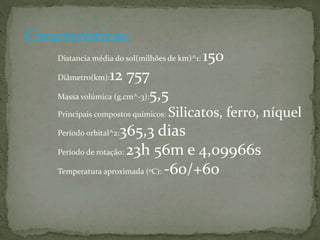 Características: 
Distancia média do sol(milhões de km)^1: 150 
Diâmetro(km):12 757 
Massa volúmica (g.cm^-3):5,5 
Principais compostos químicos: Silicatos, ferro, níquel 
Período orbital^2:365,3 dias 
Período de rotação: 23h 56m e 4,09966s 
Temperatura aproximada (ºC): -60/+60 
 