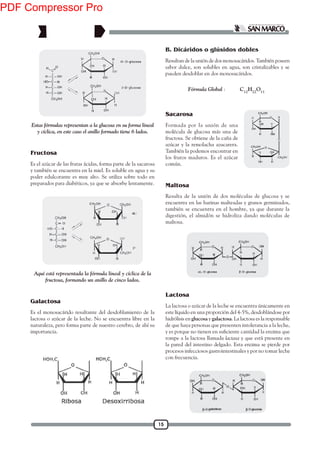 15
Fórmula Global : C12
H22
O11
Estas fórmulas representan a la glucosa en su forma lineal
y cíclica, en este caso el anillo formado tiene 6 lados.
Es el azúcar de las frutas ácidas, forma parte de la sacarosa
y también se encuentra en la miel. Es soluble en agua y su
poder edulcorante es muy alto. Se utiliza sobre todo en
preparados para diabéticos, ya que se absorbe lentamente.
Fructosa
Aquí está representada la fórmula lineal y cíclica de la
fructosa, formando un anillo de cinco lados.
Es el monosacárido resultante del desdoblamiento de la
lactosa o azúcar de la leche. No se encuentra libre en la
naturaleza, pero forma parte de nuestro cerebro, de ahí su
importancia.
Galactosa
Resultan de la unión de dos monosacáridos. También poseen
sabor dulce, son solubles en agua, son cristalizables y se
pueden desdoblar en dos monosacáridos.
B. Dicáridos o glúsidos dobles
Formada por la unión de una
molécula de glucosa más una de
fructosa. Se obtiene de la caña de
azúcar y la remolacha azucarera.
También la podemos encontrar en
los frutos maduros. Es el azúcar
común.
Sacarosa
Resulta de la unión de dos moléculas de glucosa y se
encuentra en las harinas malteadas y granos germinados,
también se encuentra en el hombre, ya que durante la
digestión, el almidón se hidroliza dando moléculas de
maltosa.
Maltosa
La lactosa o azúcar de la leche se encuentra únicamente en
este líquido en una proporción del 4-5%, desdoblándose por
hidrólisis en glucosa y galactosa. La lactosa es la responsable
de que haya personas que presenten intolerancia a la leche,
rompe a la lactosa llamada lactasa y que está presente en
la pared del intestino delgado. Esta enzima se pierde por
procesos infecciosos gastrointestinales y por no tomar leche
con frecuencia.
Lactosa
PDF Compressor Pro
 